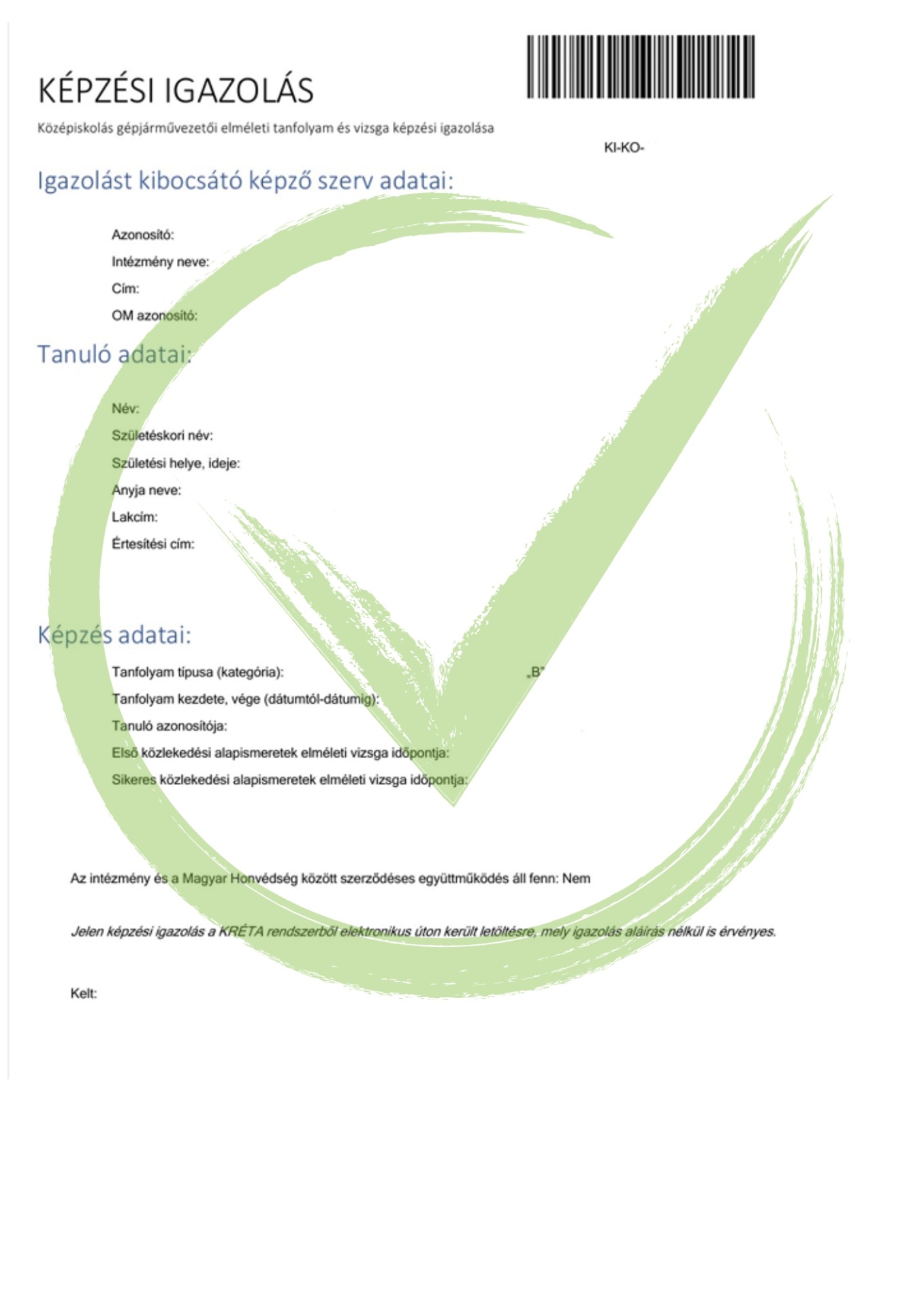 Document template for Hungarian training certificate, with fields for student and institution data and barcode.